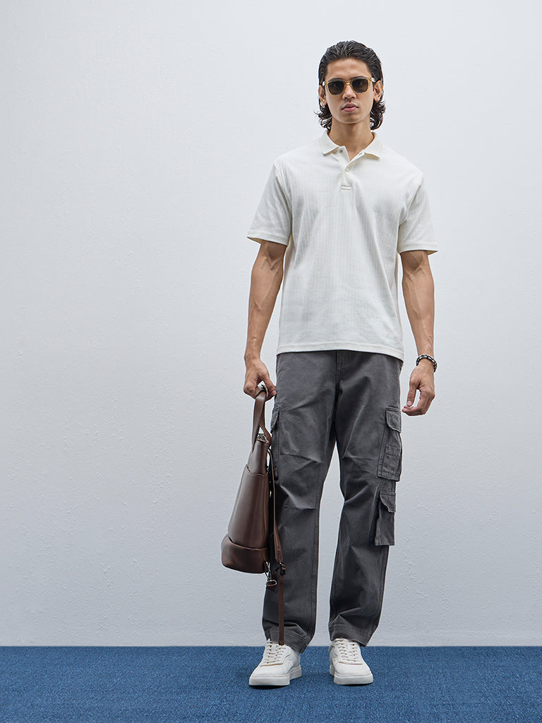 WES Casuals Off-White Self Relaxed-Fit Cotton Polo T-Shirt