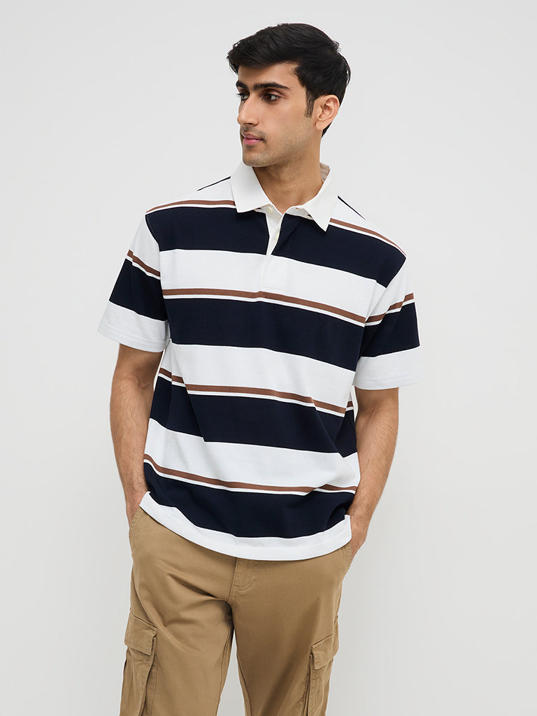 WES Casuals Navy Colour-Blocked Relaxed-Fit Polo T-Shirt