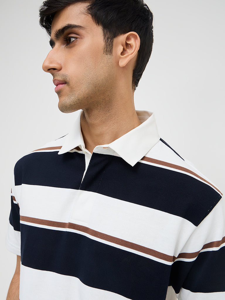 WES Casuals Navy Colour-Blocked Relaxed-Fit Polo T-Shirt