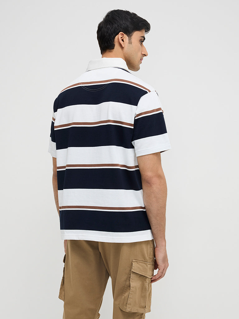 WES Casuals Navy Colour-Blocked Relaxed-Fit Polo T-Shirt