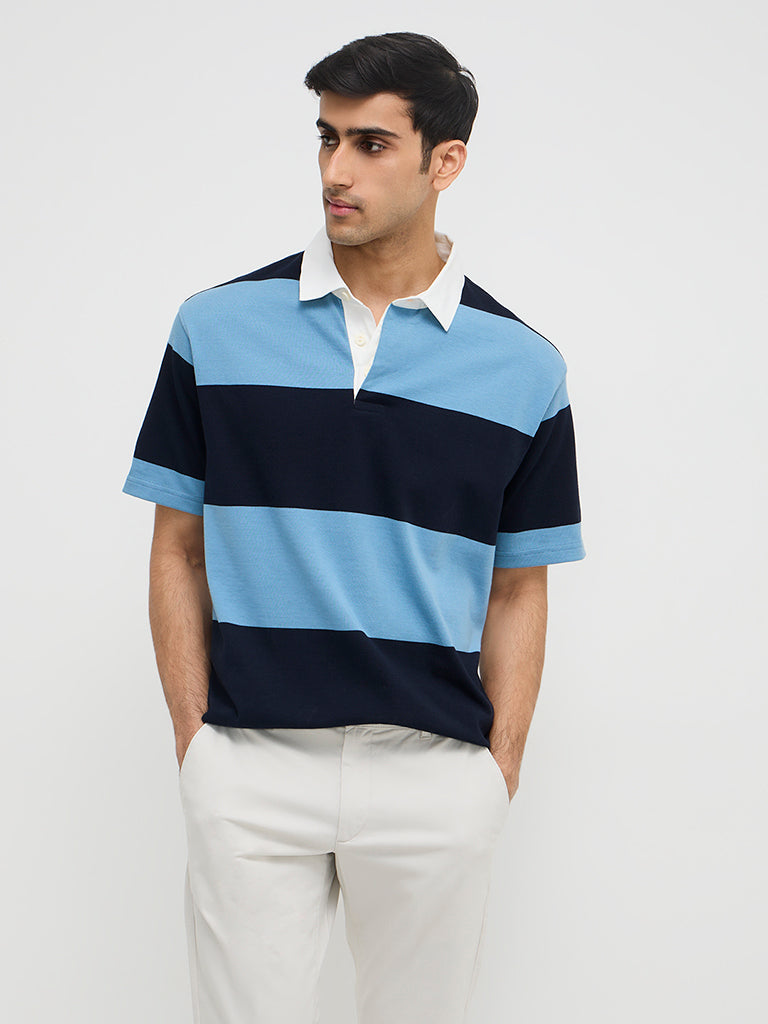 WES Casuals Blue Colour-Blocked Relaxed-Fit Cotton-Blend Polo T-Shirt