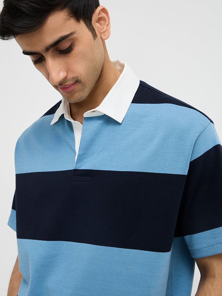 WES Casuals Blue Colour-Blocked Relaxed-Fit Cotton-Blend Polo T-Shirt