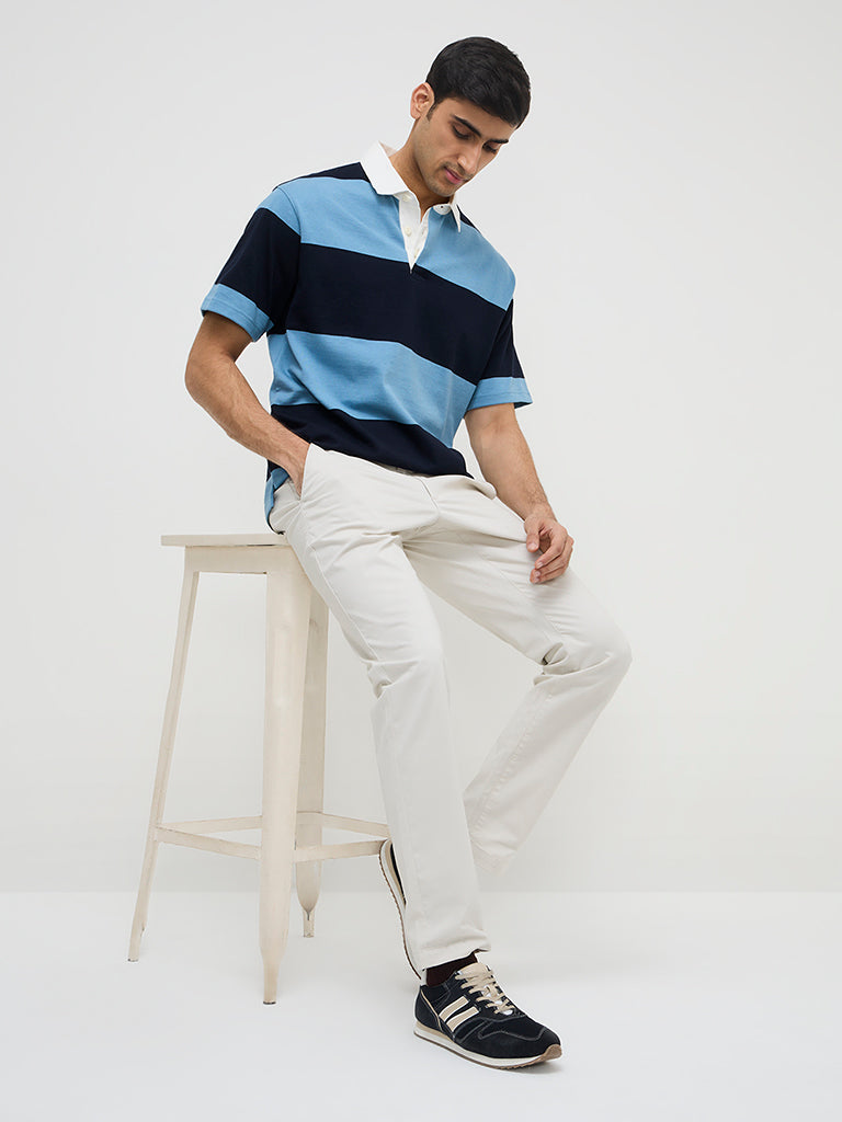 WES Casuals Blue Colour-Blocked Relaxed-Fit Cotton-Blend Polo T-Shirt