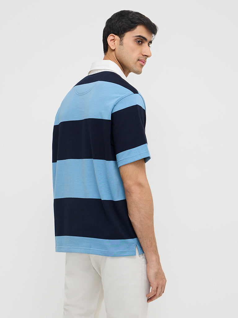 WES Casuals Blue Colour-Blocked Relaxed-Fit Cotton-Blend Polo T-Shirt