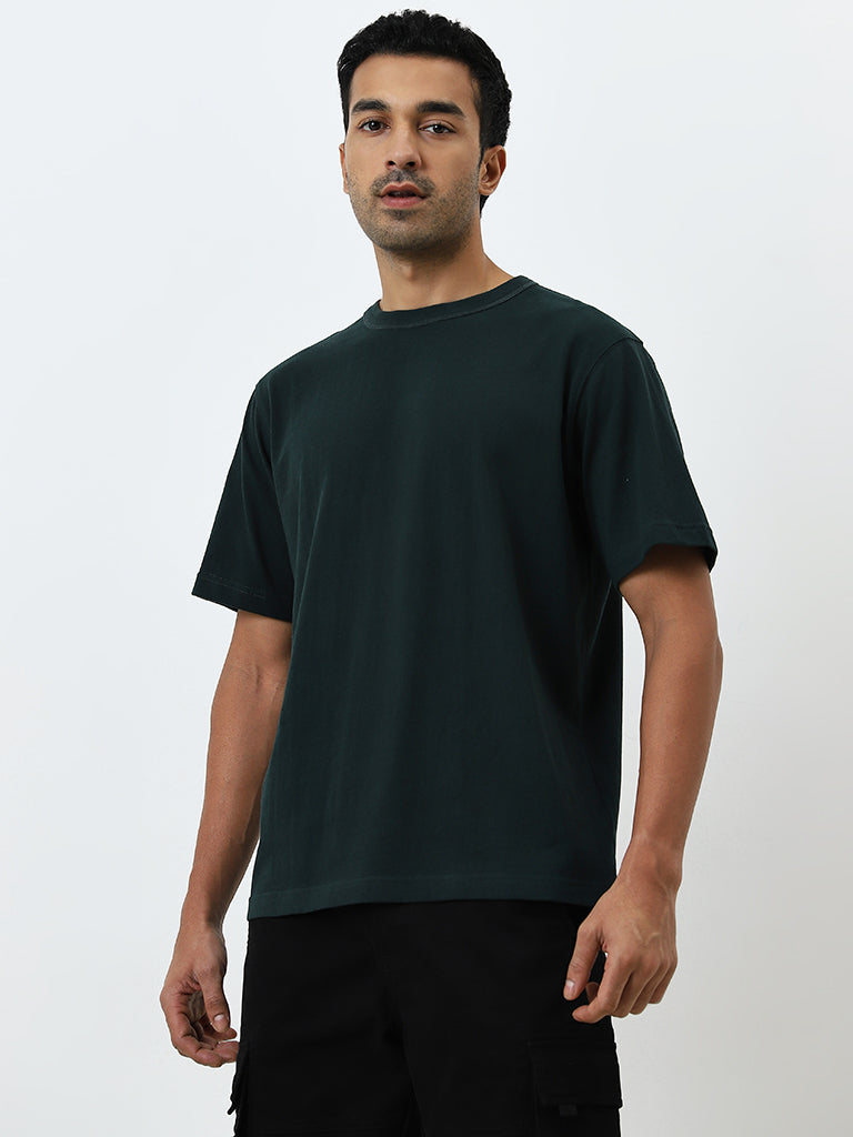 WES Casuals Dark Green Relaxed-Fit Cotton T-Shirt