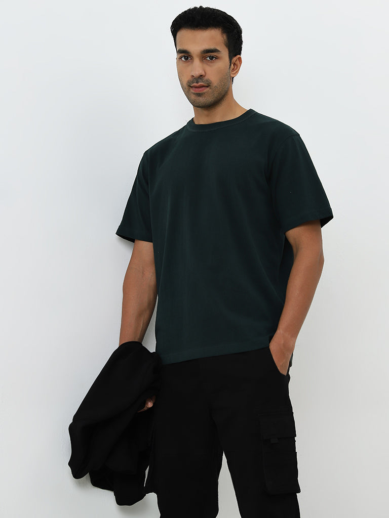 WES Casuals Dark Green Relaxed-Fit Cotton T-Shirt