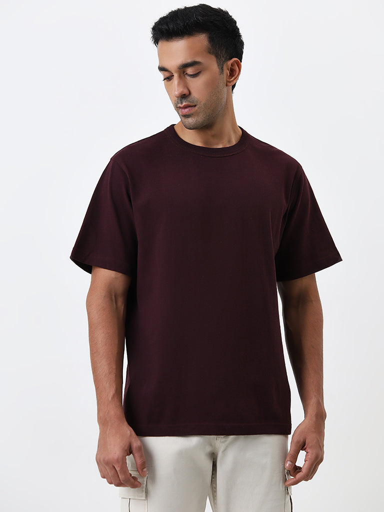 WES Casuals Wine Solid Regular Fit Cotton T-Shirt