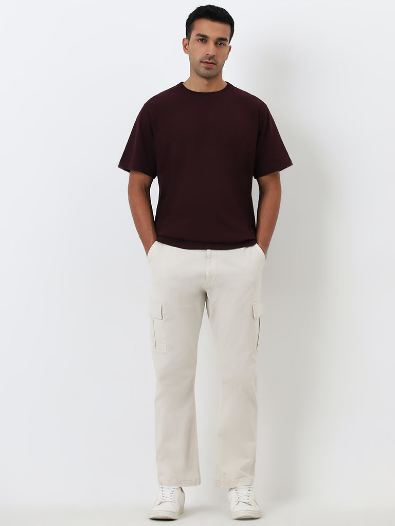 WES Casuals Wine Solid Regular Fit Cotton T-Shirt