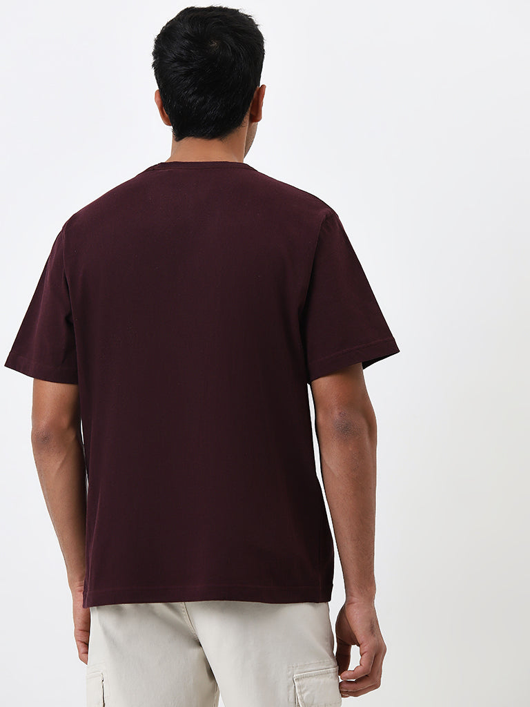 WES Casuals Wine Solid Regular Fit Cotton T-Shirt