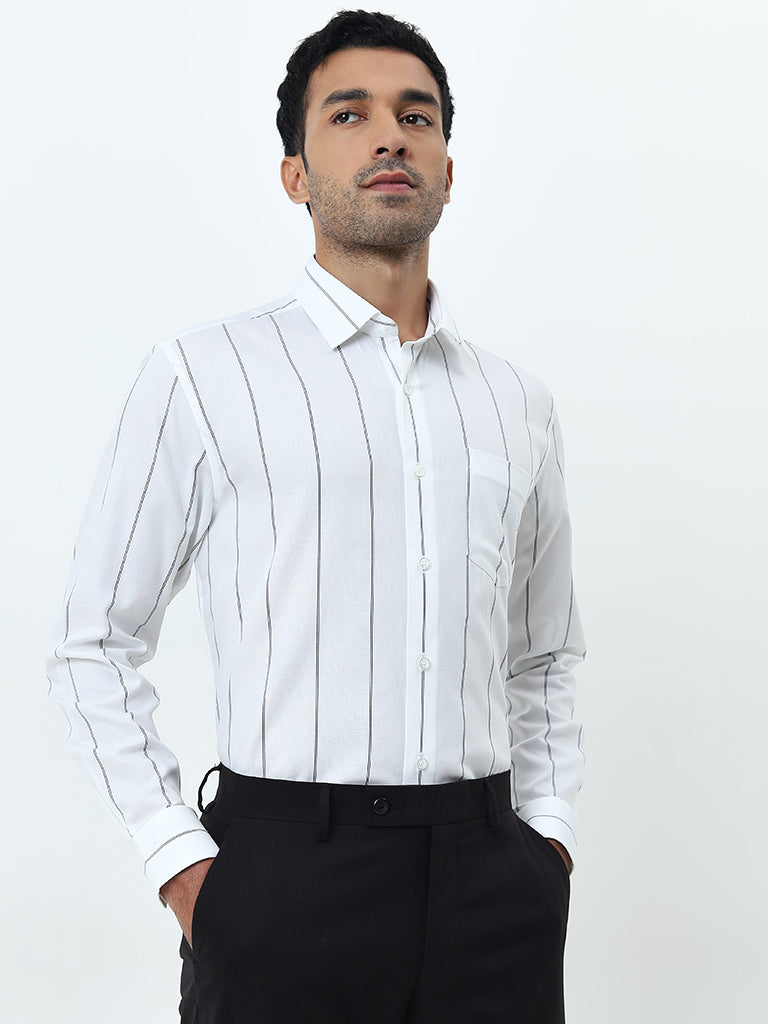 WES Formals Off-White Striped Relaxed-Fit Cotton Shirt