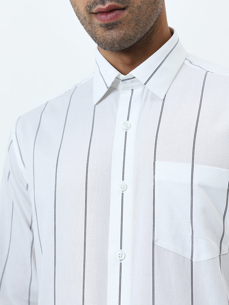 WES Formals Off-White Striped Relaxed-Fit Cotton Shirt