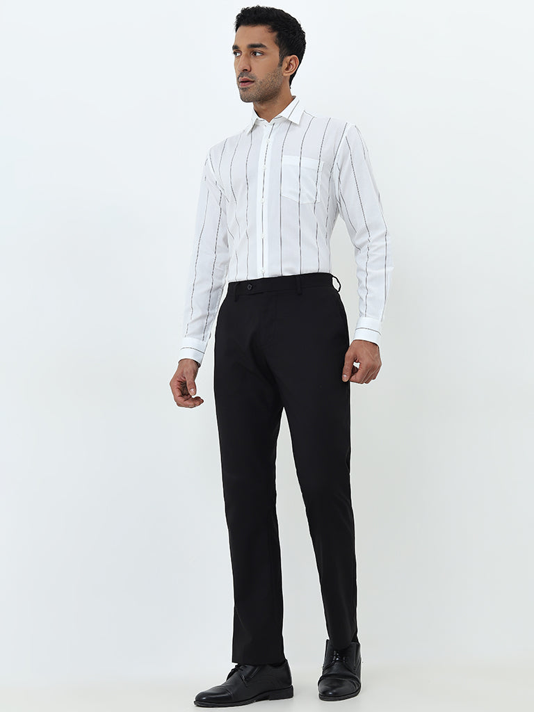 WES Formals Off-White Striped Relaxed-Fit Cotton Shirt