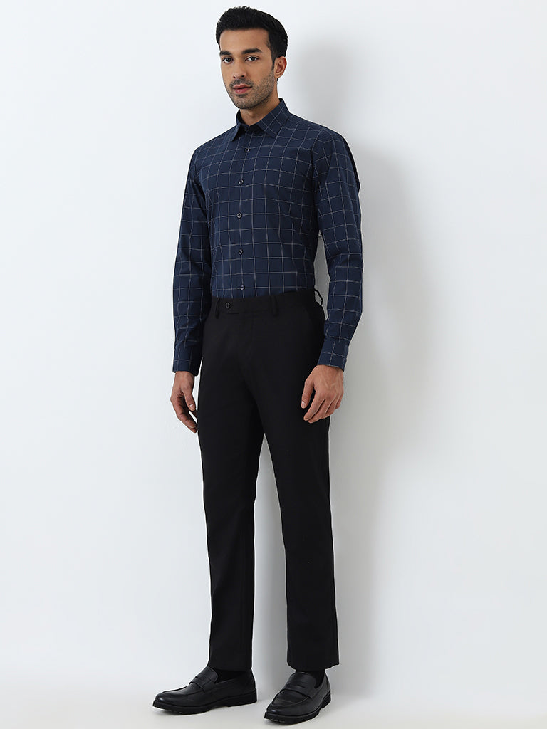 WES Formals Navy Checkered Relaxed-Fit Cotton Shirt