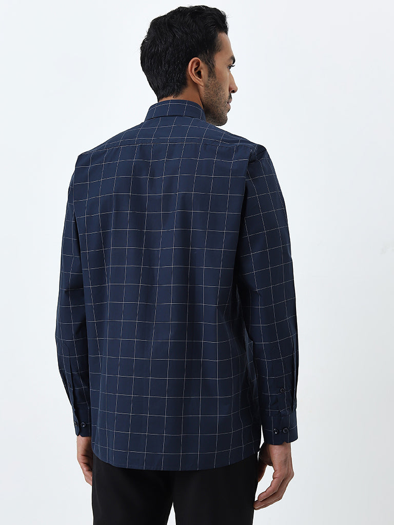 WES Formals Navy Checkered Relaxed-Fit Cotton Shirt