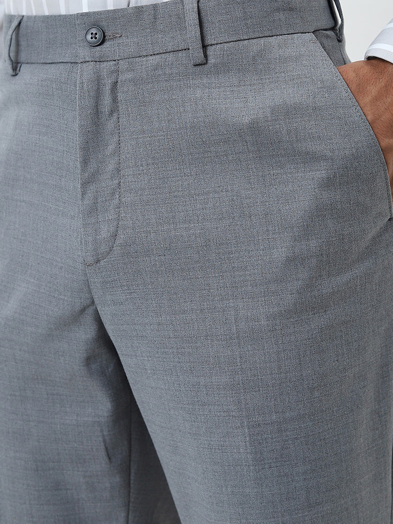 WES Formals Grey Slim-Fit Mid-Rise Trousers