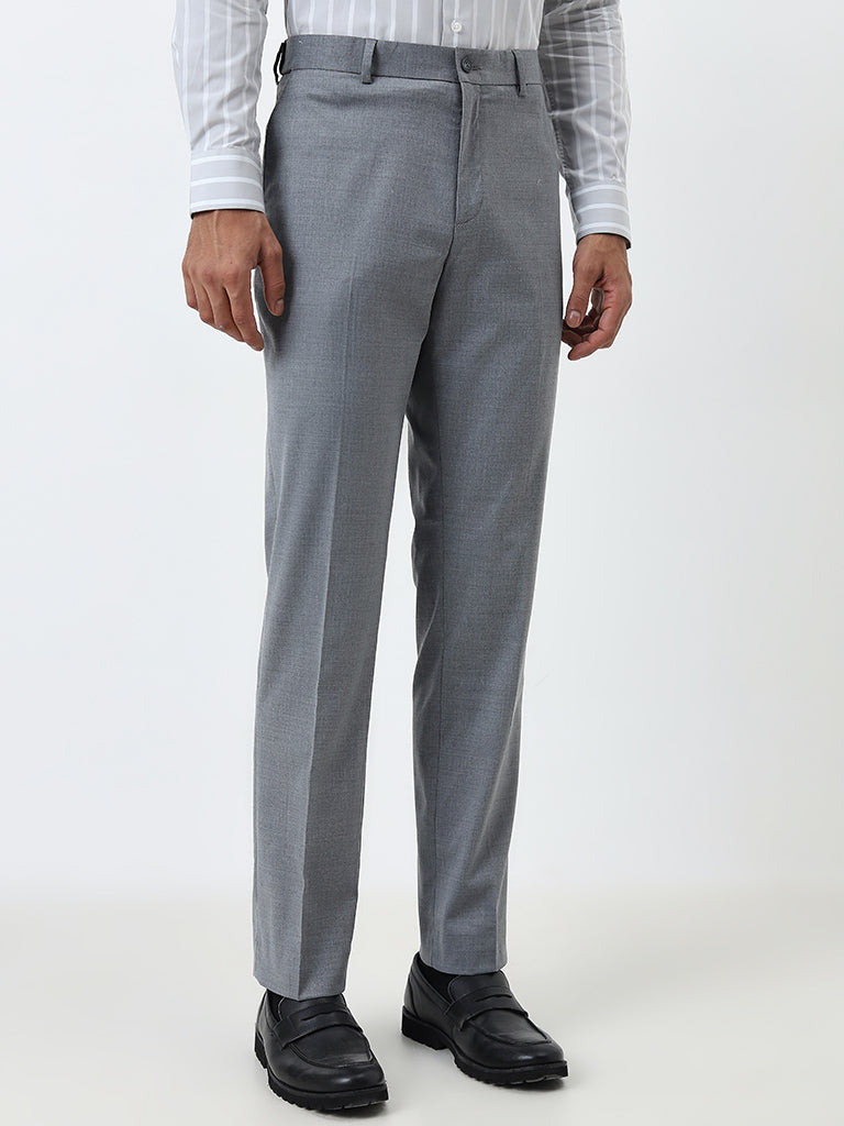 WES Formals Grey Slim-Fit Mid-Rise Trousers