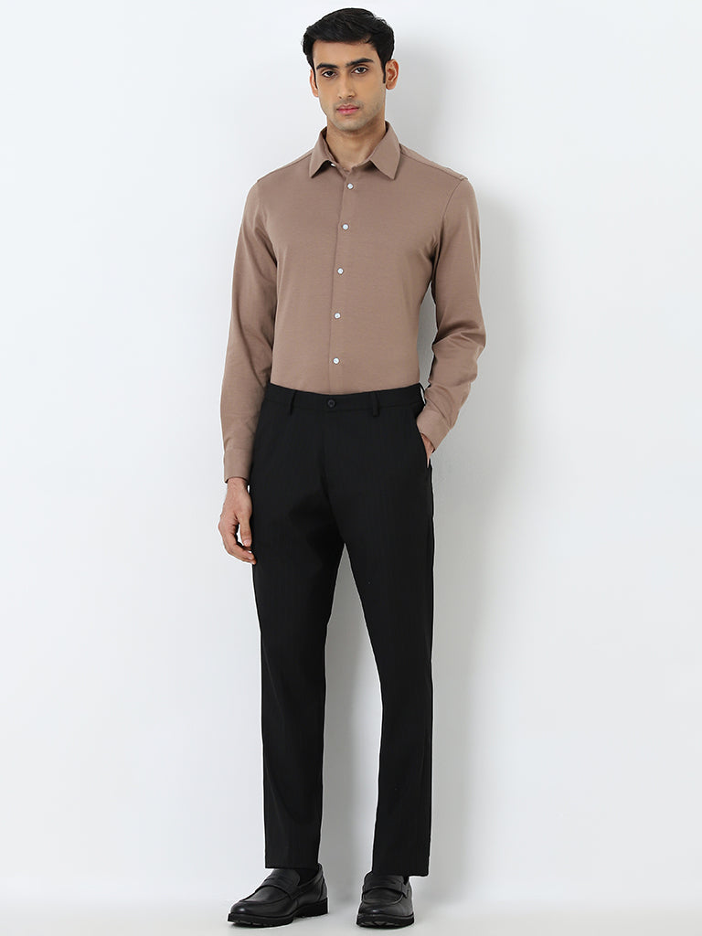 WES Formals Black Striped Slim-Tapered Mid-Rise Trousers