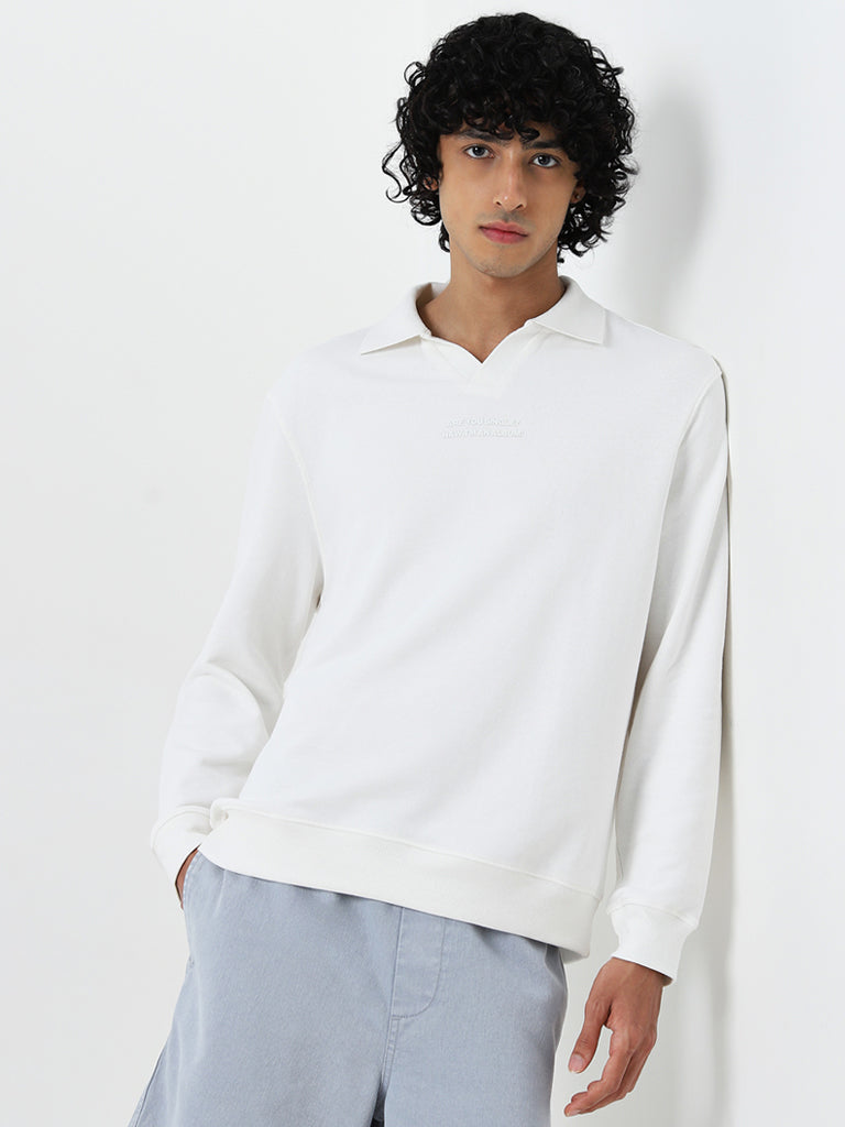 Nuon White Text Printed Relaxed Fit Cotton Sweatshirt