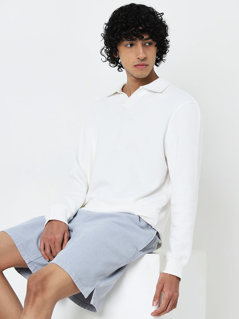 Nuon White Text Printed Relaxed Fit Cotton Sweatshirt