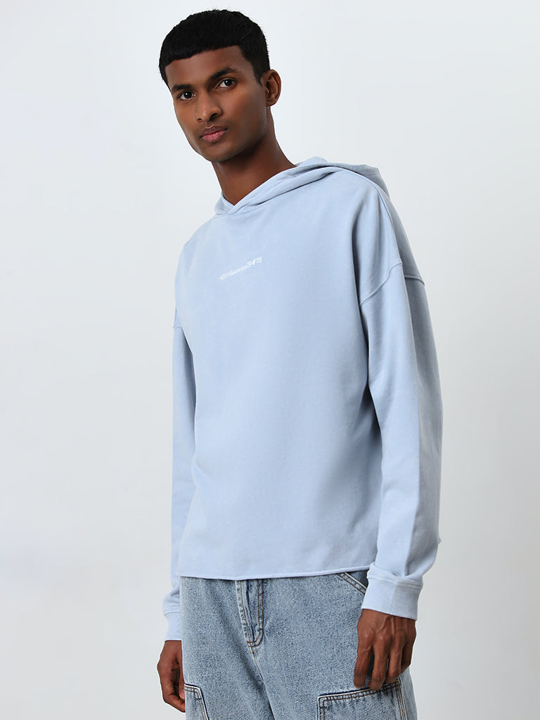 Nuon Light Blue Typographic Relaxed-Fit Cotton Sweatshirt