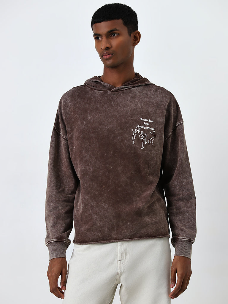 Nuon Brown Text Design Relaxed-Fit Cotton Sweatshirt