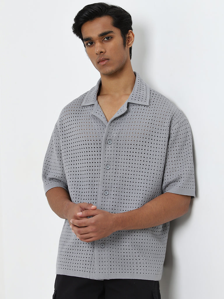 Nuon Grey Knit-Textured Relaxed-Fit Shirt