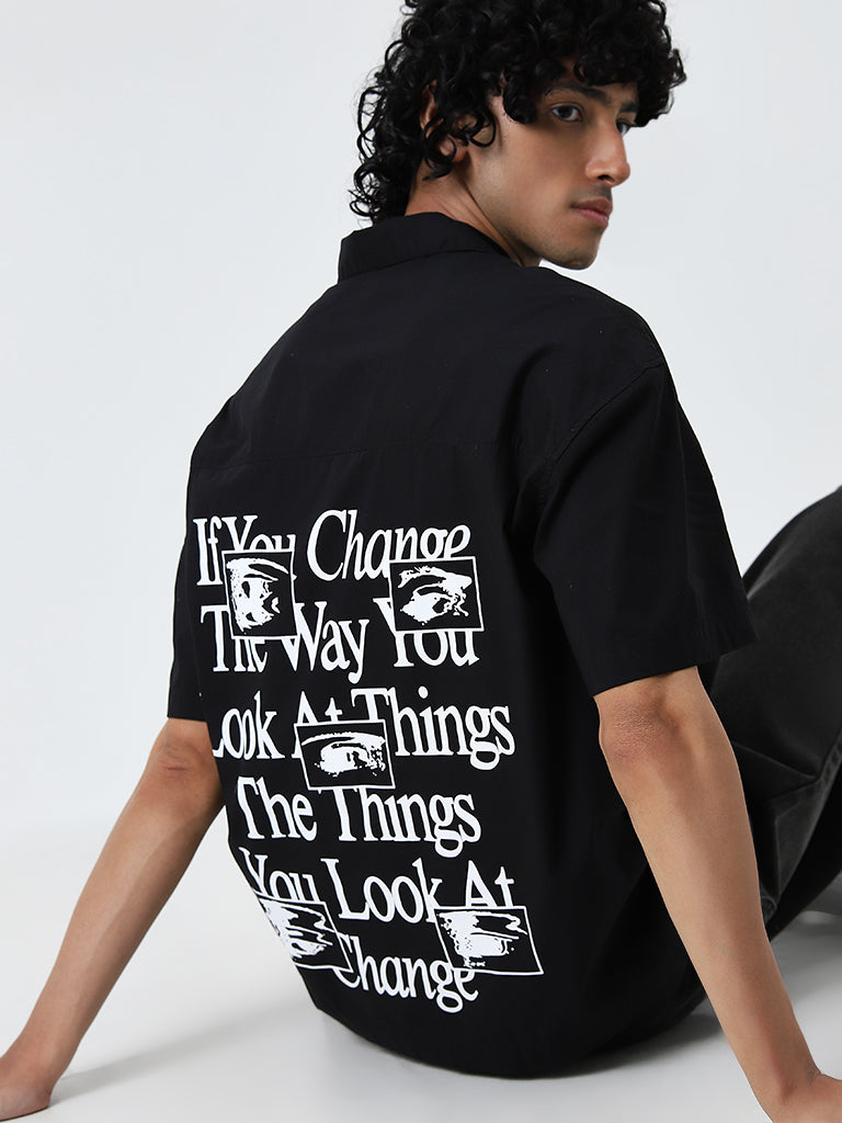 Nuon Black Text Design Boxy-Fit Cotton Shirt