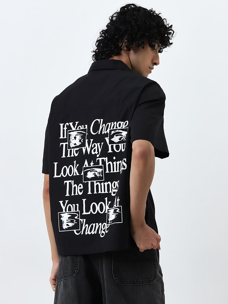 Nuon Black Text Design Boxy-Fit Cotton Shirt