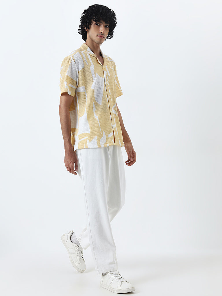 Nuon Yellow Abstract Printed Crinkled Relaxed-Fit Shirt