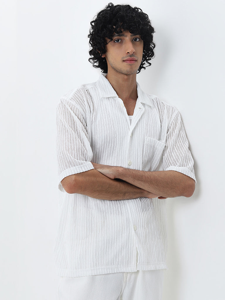 Nuon White Self-Striped Relaxed-Fit Cotton Shirt