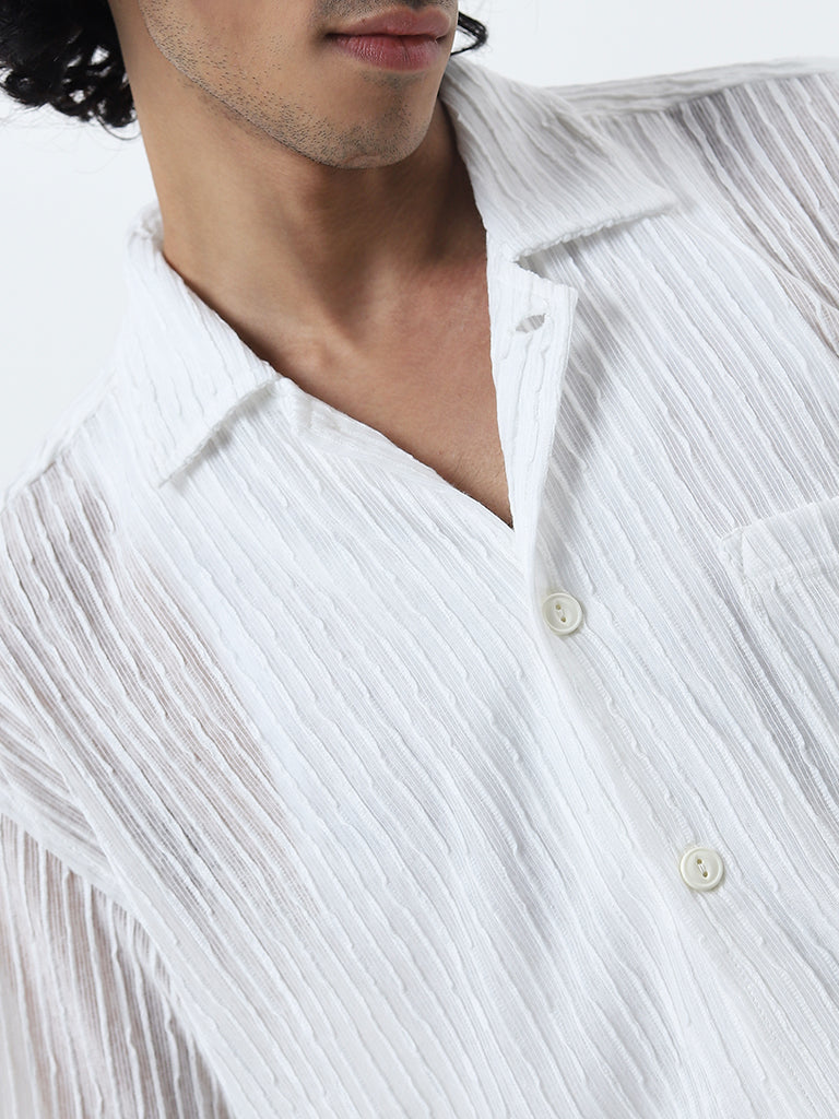 Nuon White Self-Striped Relaxed-Fit Cotton Shirt