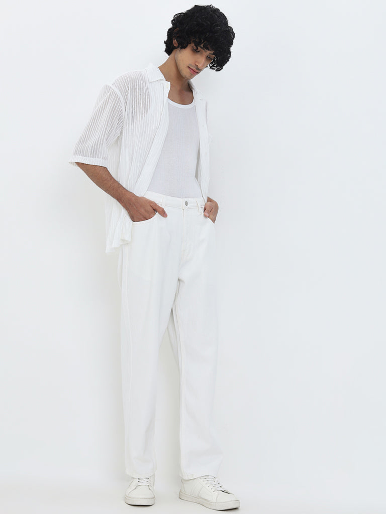 Nuon White Self-Striped Relaxed-Fit Cotton Shirt