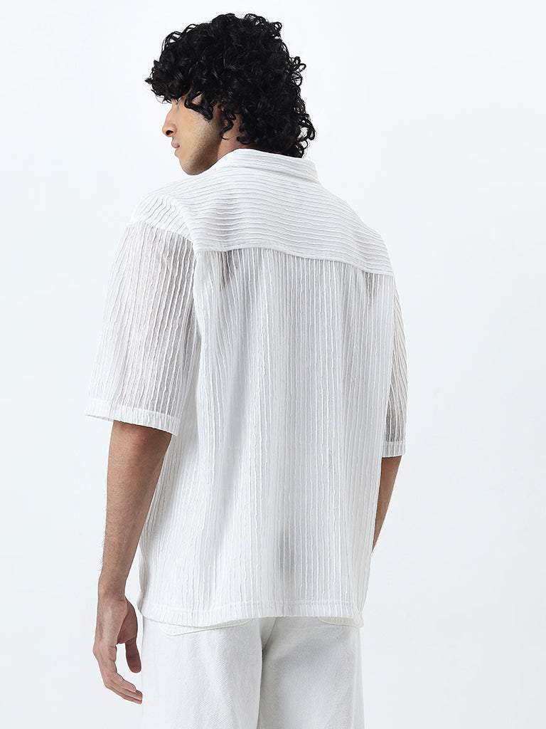 Nuon White Self-Striped Relaxed-Fit Cotton Shirt