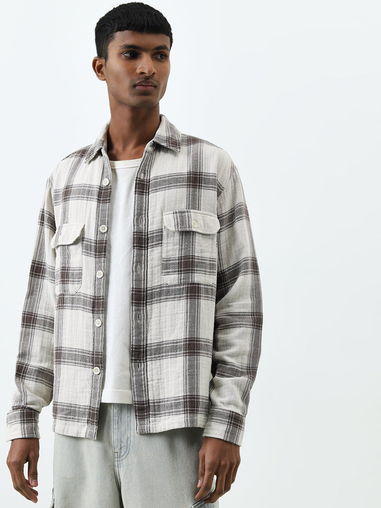 Nuon Brown Checkered Relaxed-Fit Cotton Shirt