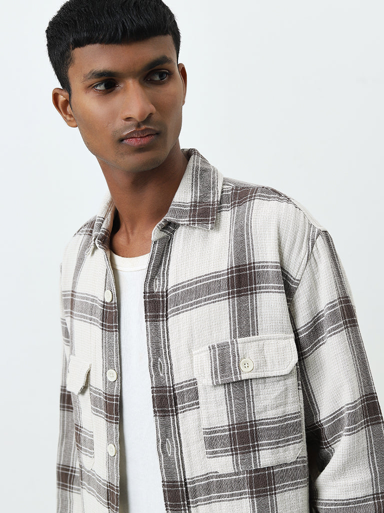 Nuon Brown Checkered Relaxed-Fit Cotton Shirt