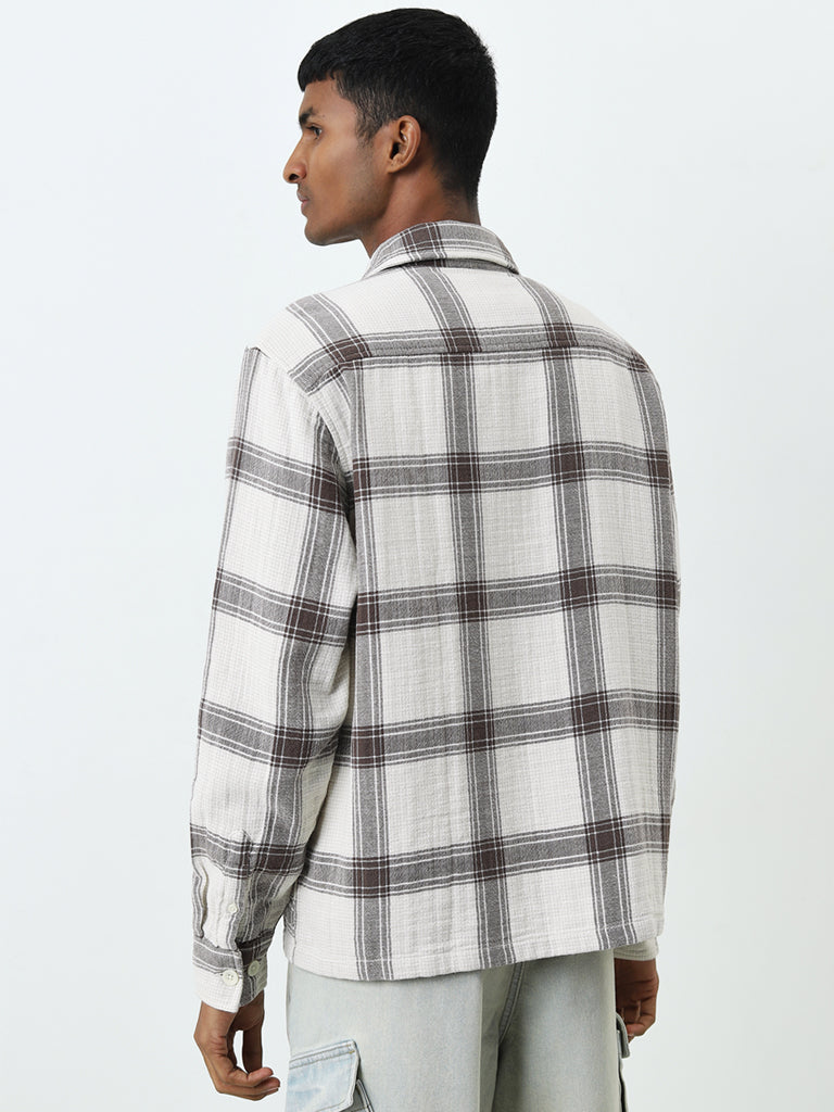 Nuon Brown Checkered Relaxed-Fit Cotton Shirt