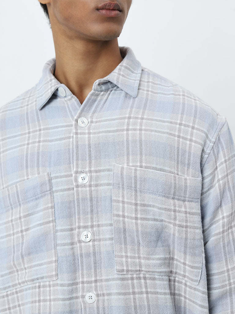 Nuon Light Blue Checkered Relaxed-Fit Cotton Shirt