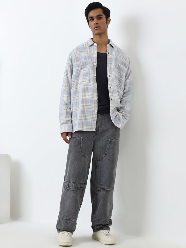 Nuon Light Blue Checkered Relaxed-Fit Cotton Shirt