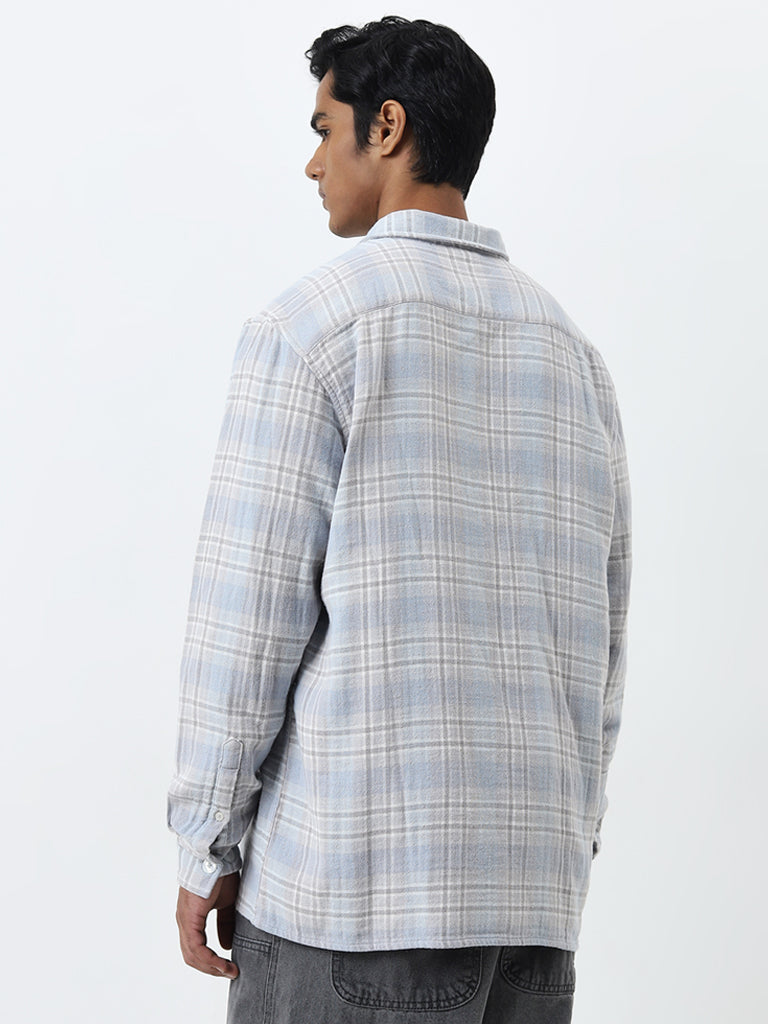 Nuon Light Blue Checkered Relaxed-Fit Cotton Shirt