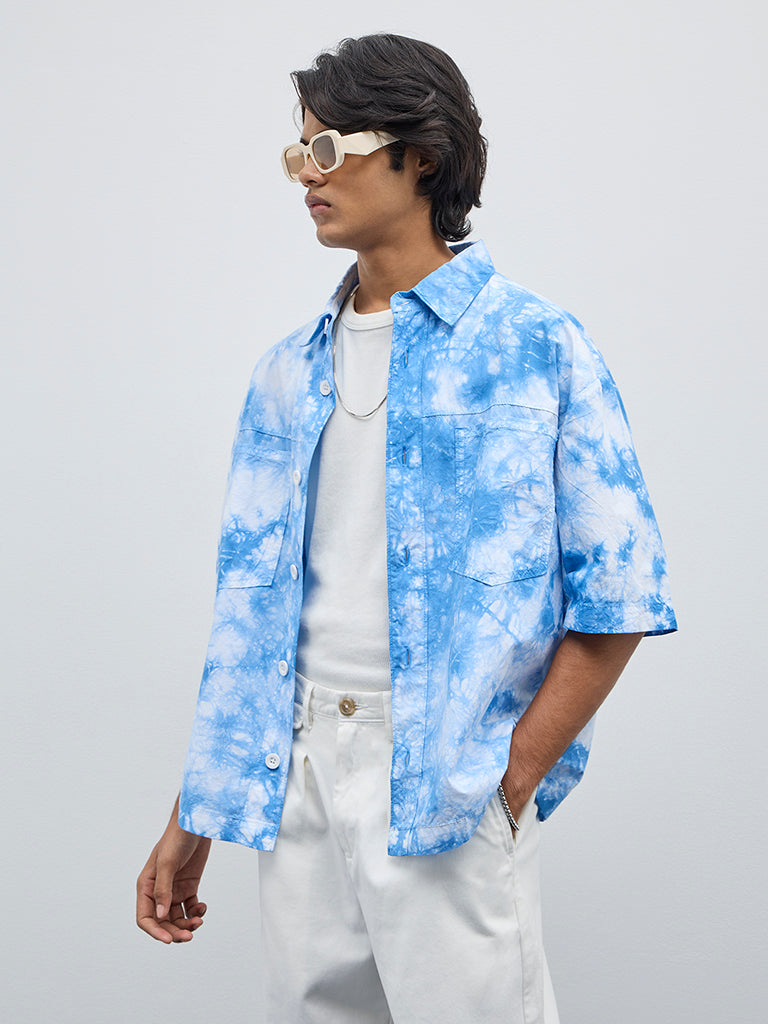 Nuon Blue Tie-Dye Printed Relaxed-Fit Cotton Shirt