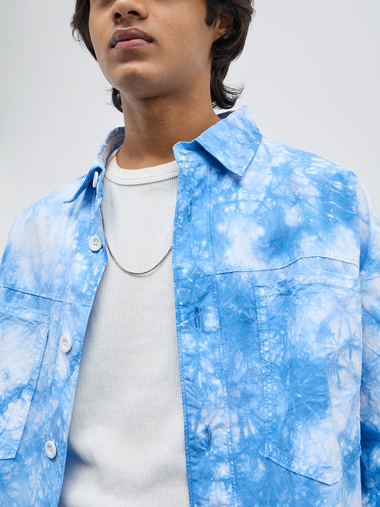 Nuon Blue Tie-Dye Printed Relaxed-Fit Cotton Shirt