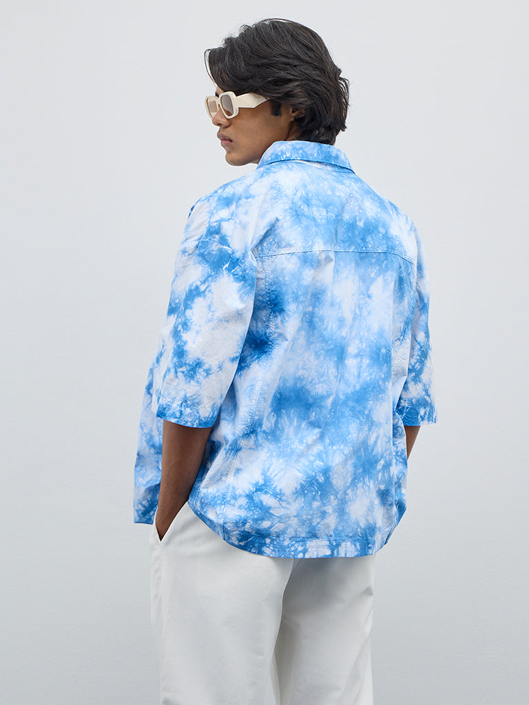 Nuon Blue Tie-Dye Printed Relaxed-Fit Cotton Shirt