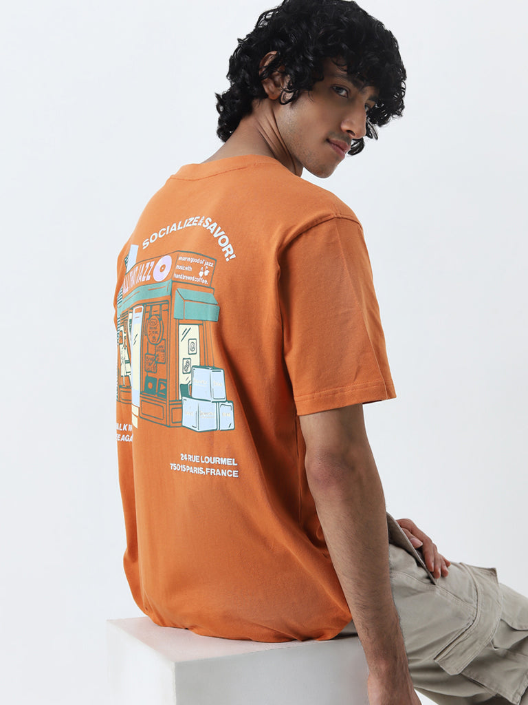 Nuon Orange Graphic Printed Relaxed-Fit Cotton T-Shirt