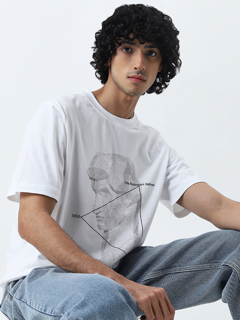 Nuon White Graphic Printed Relaxed-Fit Cotton T-Shirt