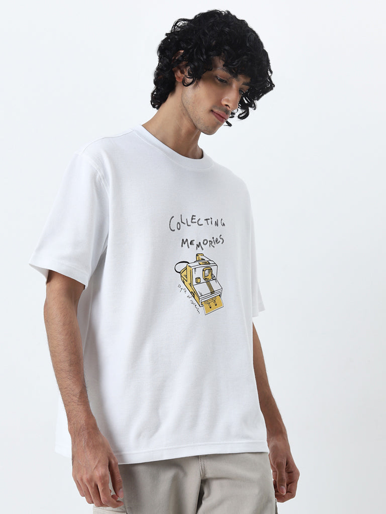 Nuon White Printed Relaxed-Fit Cotton T-Shirt