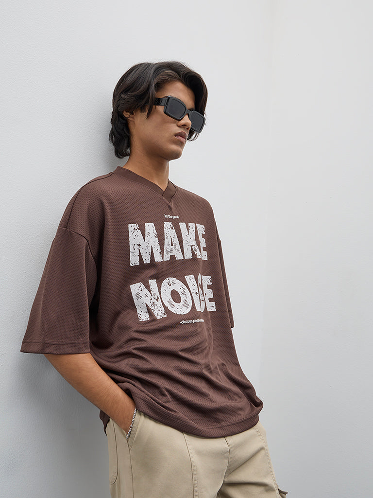 Nuon Brown Text Printed Relaxed-Fit T-Shirt