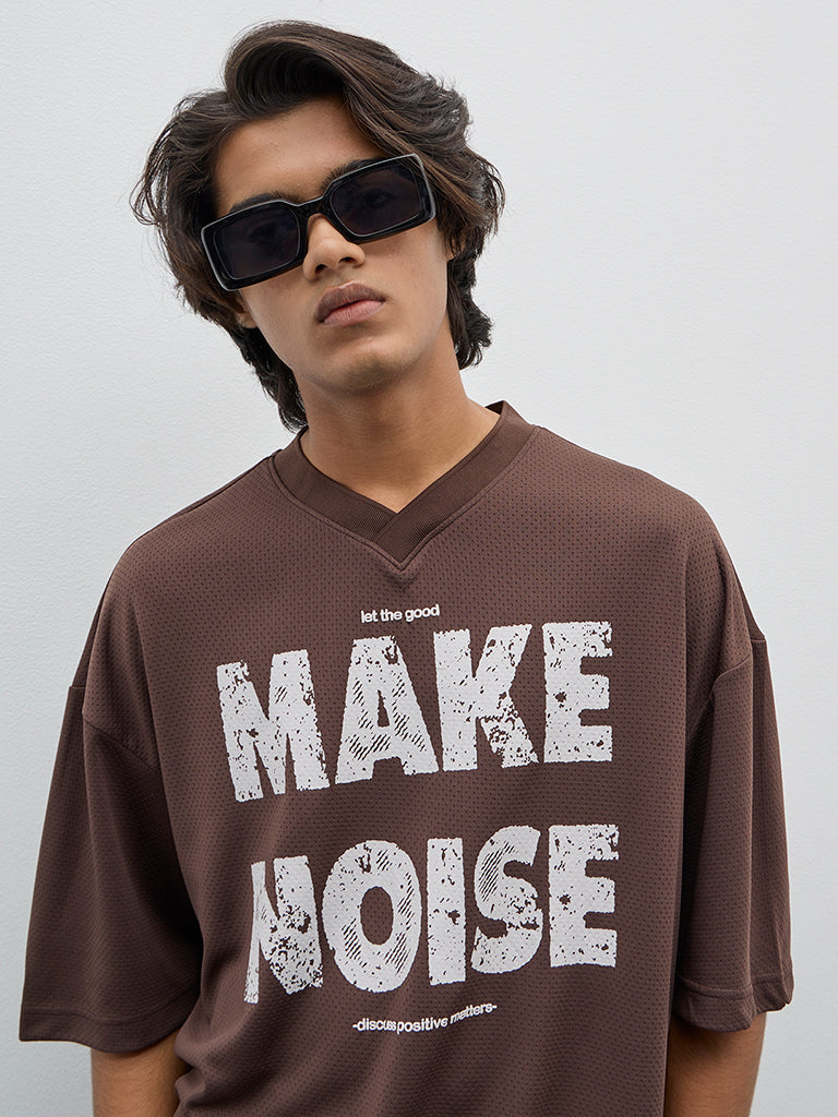 Nuon Brown Text Printed Relaxed-Fit T-Shirt