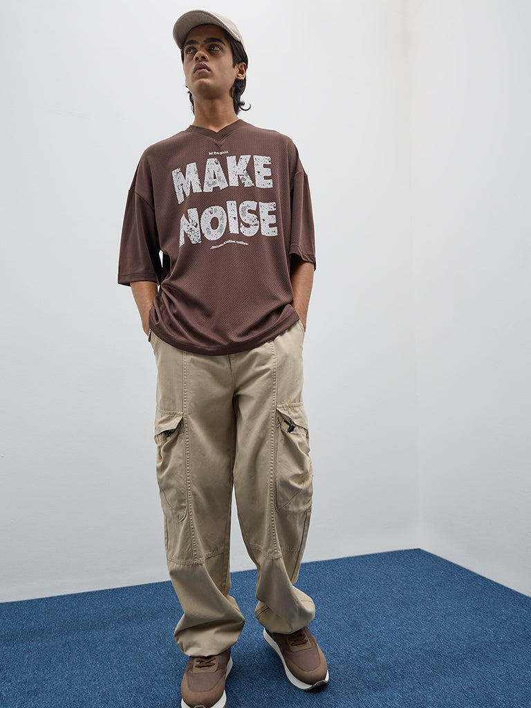 Nuon Brown Text Printed Relaxed-Fit T-Shirt