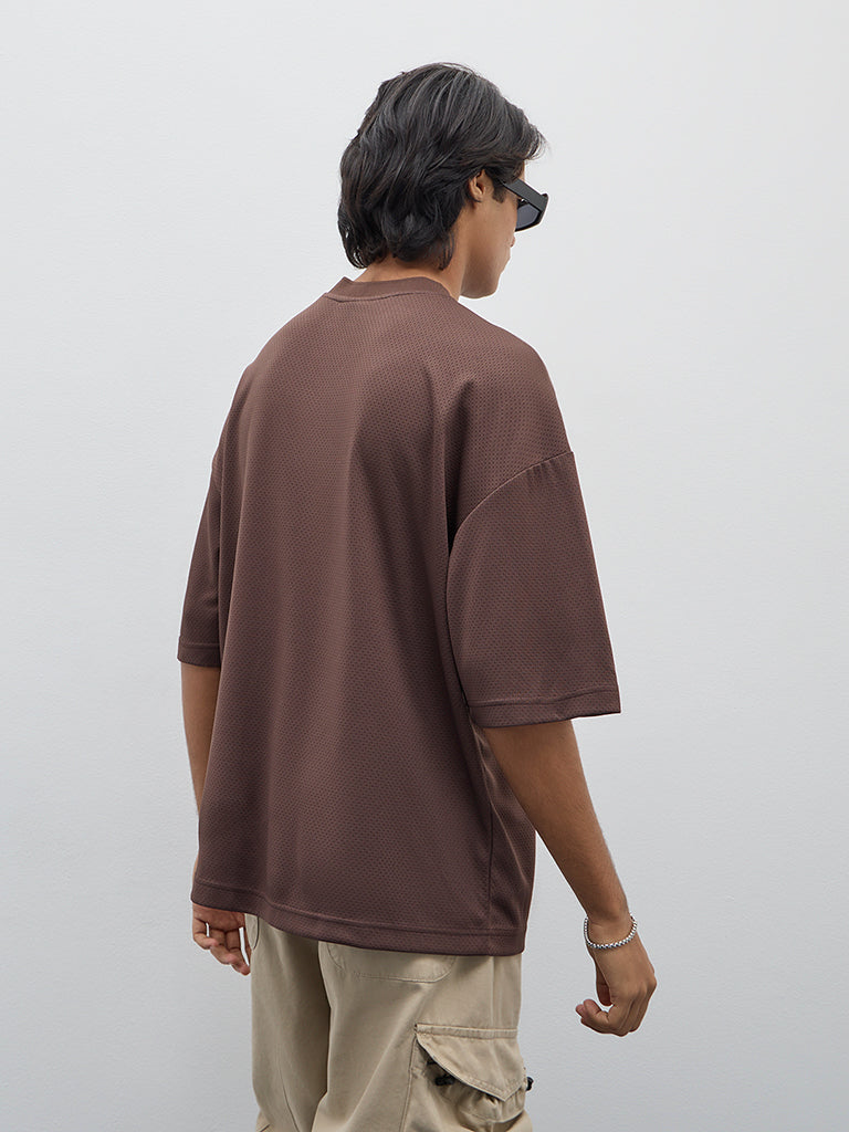 Nuon Brown Text Printed Relaxed-Fit T-Shirt