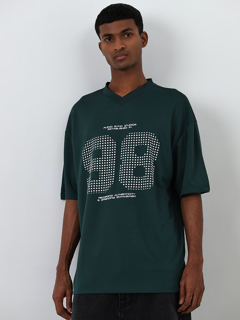 Nuon Dark Green Text Printed Relaxed-Fit T-Shirt